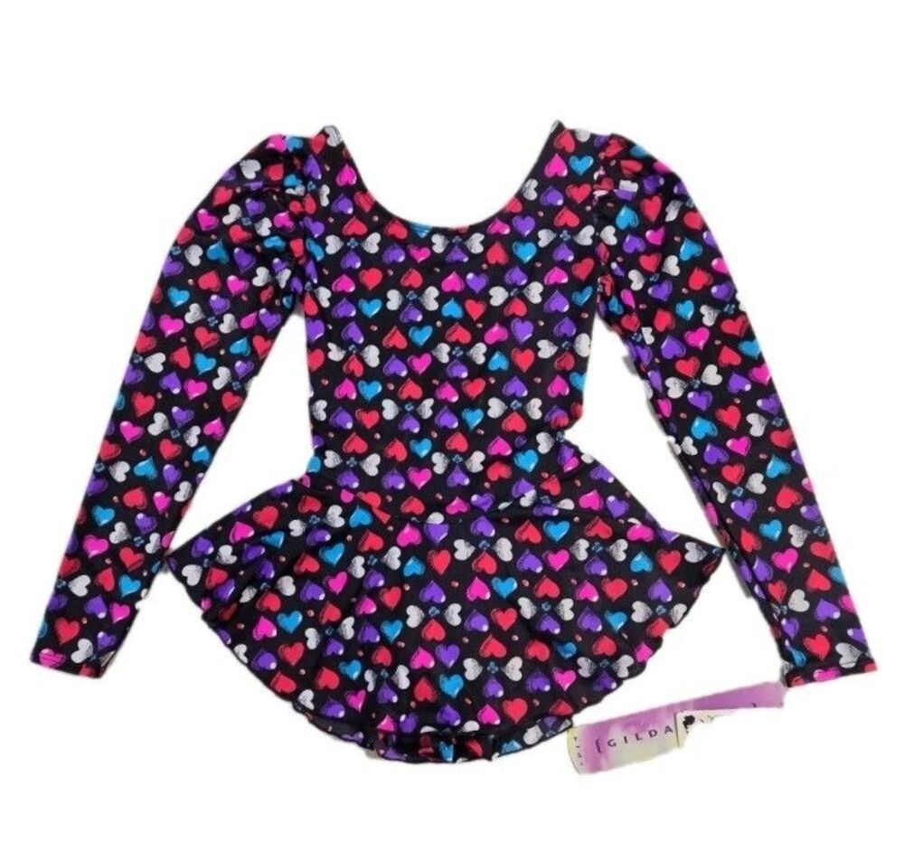 Gilda Marx VTG 90s Hearts Galore Black LS Skirted Leotard Adult Size XS (Y/J)